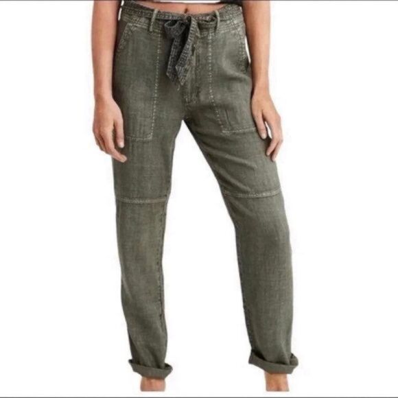 American Eagle Outfitters Linen Blend Tie Belt High Waist Pant Moss Green 2 2R S - Picture 2 of 11